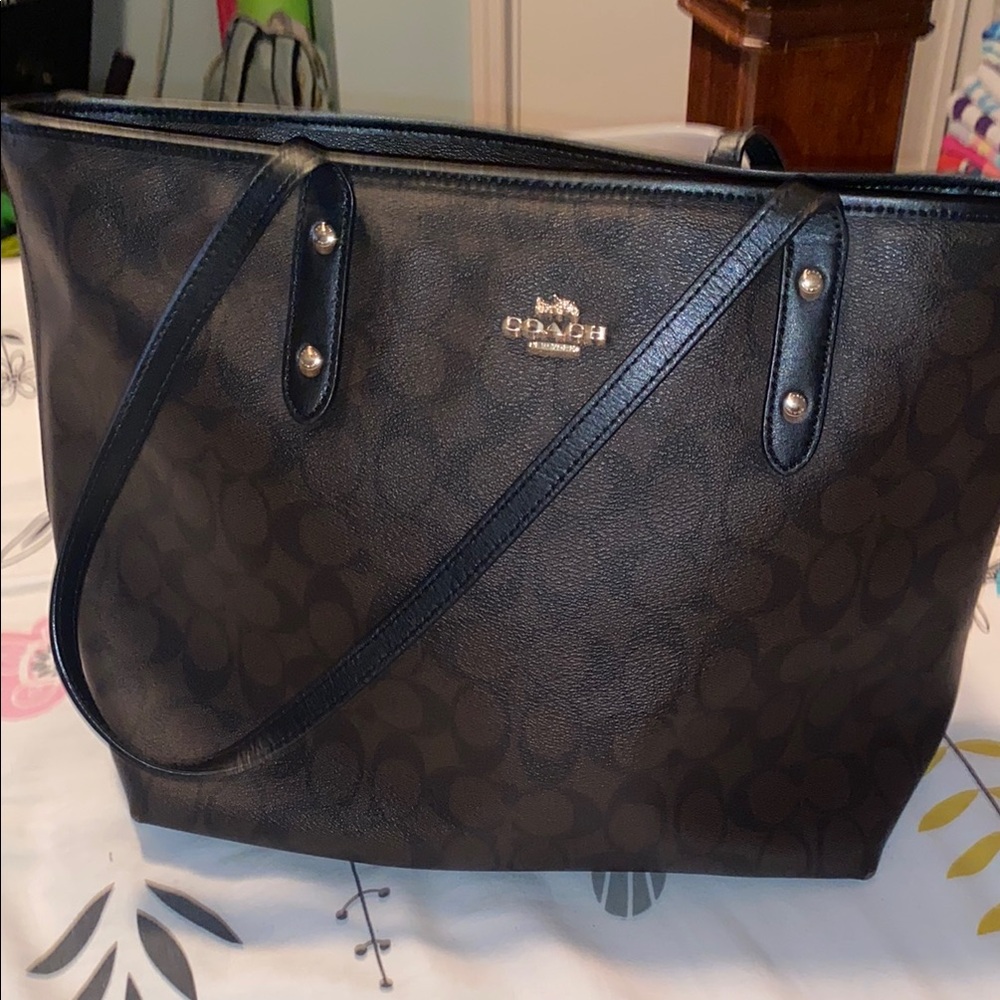 Coach Black Leather Tote Bag with Silver Accents Gently USED Like NEW